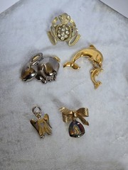 Lot Of 5 Brooches Frog Dolphin Angel Bow ( Bunny Marked Liz Claiborne)