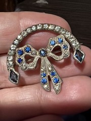 Antique R-F Silver Tone Blue Rhinestones Bow Ribbon Arch Brooch Locking Pin