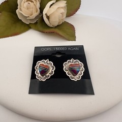 VINTAGE NAVAJO ~ SIGNED ~ OLD PAWN ~ STERLING SILVER INLAY POST EARRINGS 3 GRAMS