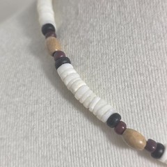 Puka Shell Necklace White Heishi Beads with Tan, Black & Burgundy Accent Beads