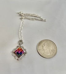 Vintage Rainbow Color Faceted Square Sterling 925 Diamond Shape Pendant Necklace
