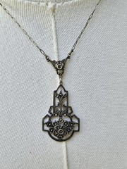 1915 Antique Art Noveau Sterling Silver & Marcasite Drop Necklace