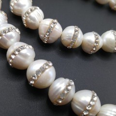 Handcrafted Freshwater Pearl Rhinestone Necklace 32” Long Statement Strand