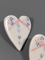 Vintage Artisan White Pink Blue Ceramic Heart Pierced Earrings Boho