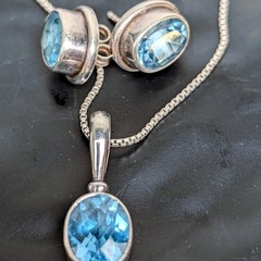 Sajen 925 Sterling Silver Blue Bezel Pendant Necklace+Stud Earring Set 💎