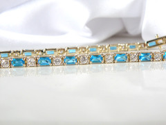 Vintage Gold on Sterling Silver 925 Teal Blue Gemstone Tennis Bracelet 8″
