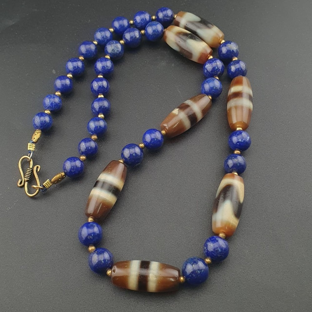 Vintage Tibetan Agate & Lapis Lazuli Necklace Zigzag Pattern Beads 22in