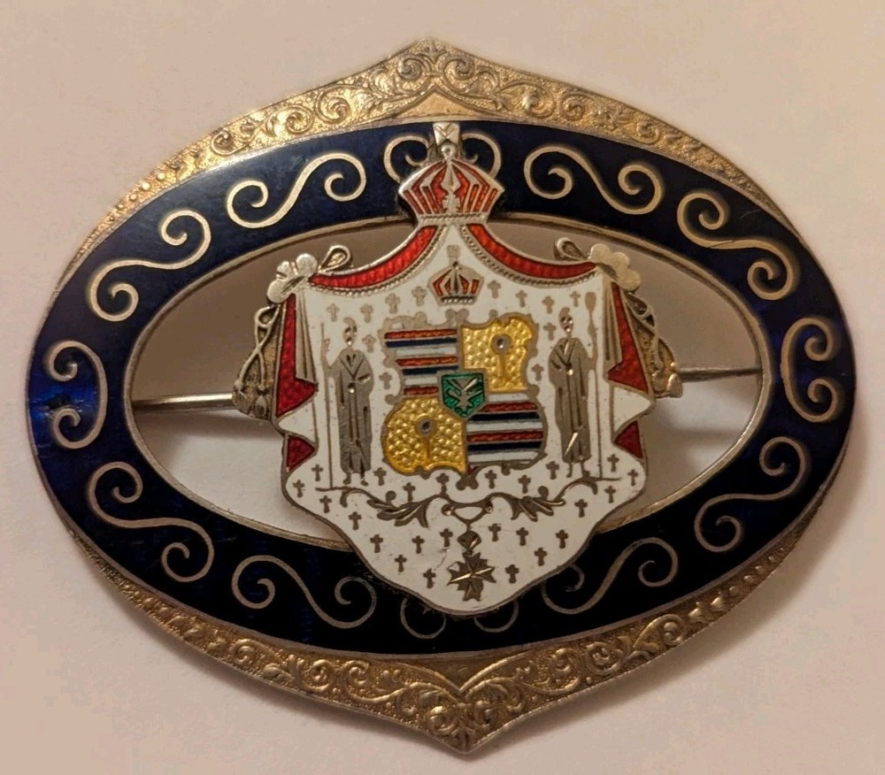 1920s 1930s Hawaiian Crest Sterling / Enameled Brooch – Large Oval – Pin Back