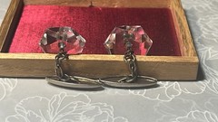 Vintage Rock Crystal Cufflinks “Hexagon” W/Original Wooden Box/unmarked/silver