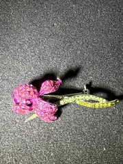 Vintage Floral Flower Pink Green Rhinestone Brooch. 2 1/2 Inches