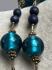Vintage Teal Blue Glass & Dark Blue Wood Bead Brass Spacer Necklace 37”