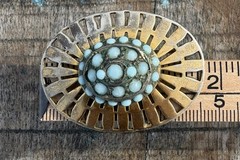 Vintage Brass Oval Brooch Cluster Setting Light Blue Glass Stones 2 Inch