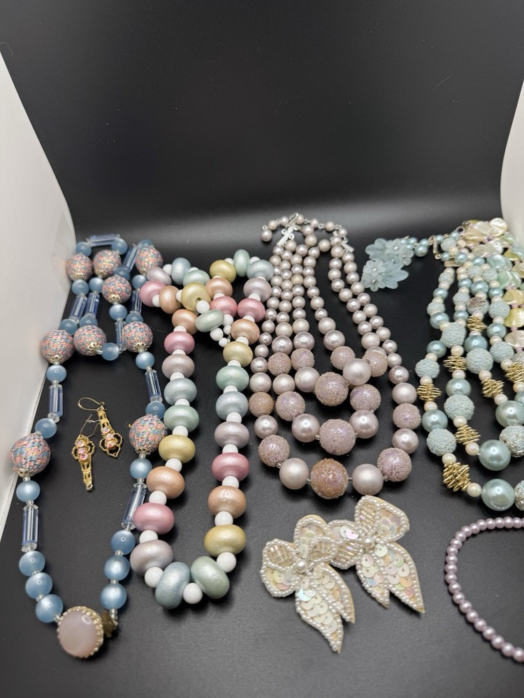 TITLE Vintage Pastel Beaded Jewelry Lot Necklaces Earrings Pearl Glam Retro