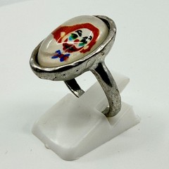 Vintage Y2K Silver Tone Sad Clown Oval Cabochon Ring Retro Kitsch Size 7 Classic