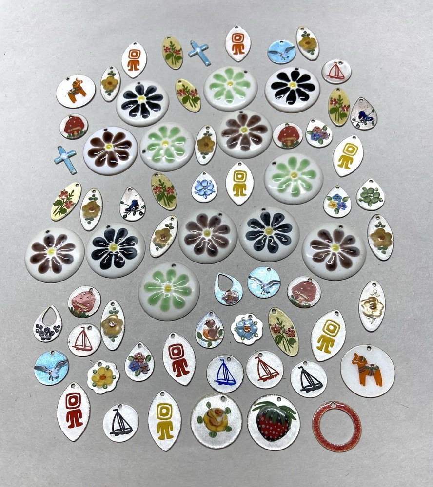 60+ Vtg. Guilloche Enamel Charm -Assorted shapes, colors ,designs-flowers more