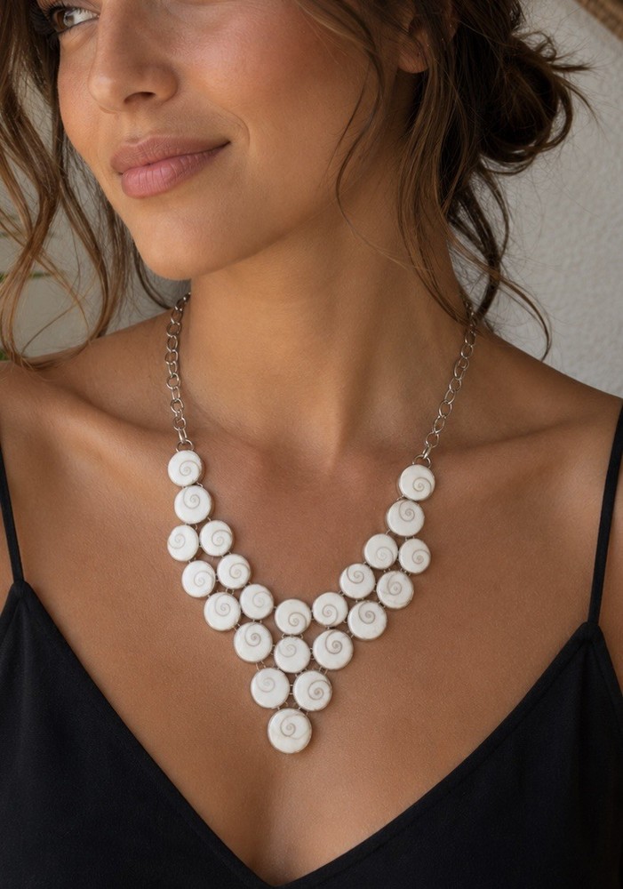 Vintage White Shiva Eye Shell Bib Statement Necklace Sterling Silver Boho 23”
