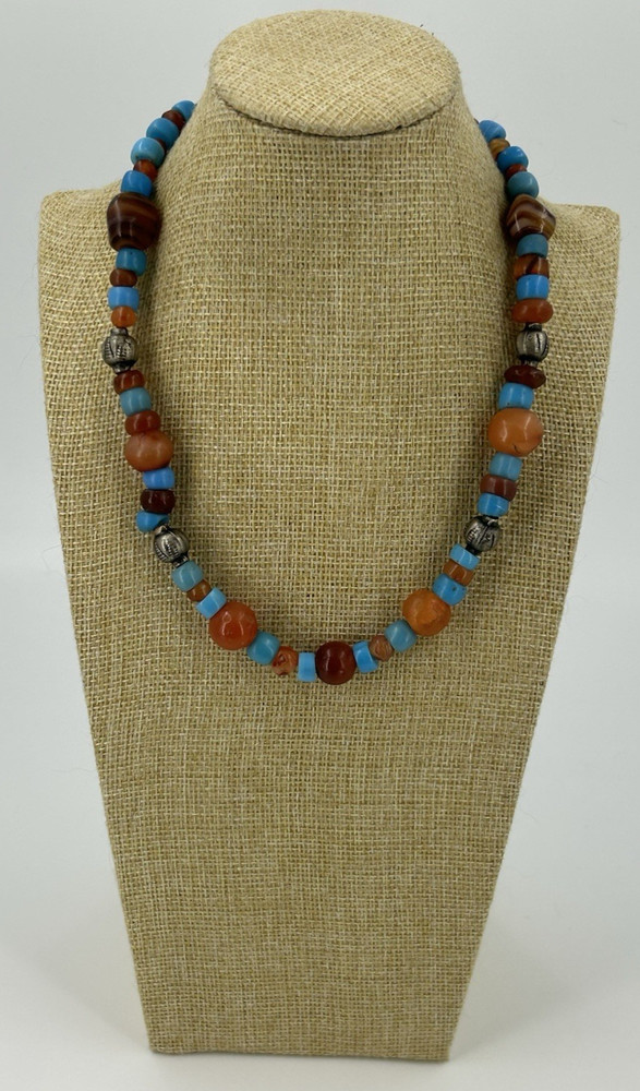 Southwestern Necklace Natural Orange Stones Blue Turquoise Color Beads 18 Inch