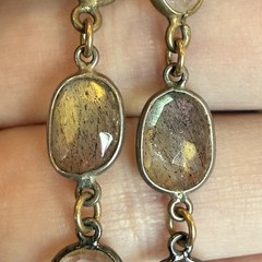 VINTAGE FACETED MOONSTONE RUTILATED & CLEAR QUARTZ LONG DROP DANGLE EARRINGS