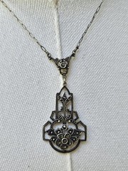 1915 Antique Art Noveau Sterling Silver & Marcasite Drop Necklace
