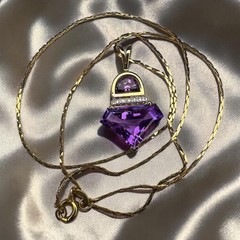 VINTAGE 14K Gold Natural Amethyst & Diamond Necklace -17″ Contemporary -4.4g