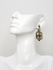 Pair Vintage Gold Tone Dangle Screw-Back Bird Cage Earrings
