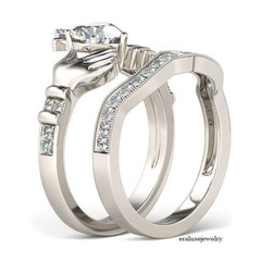 1.50Ct Heart Cut Moissanite Crown Claddagh Engagement Ring 14K White Gold Plated