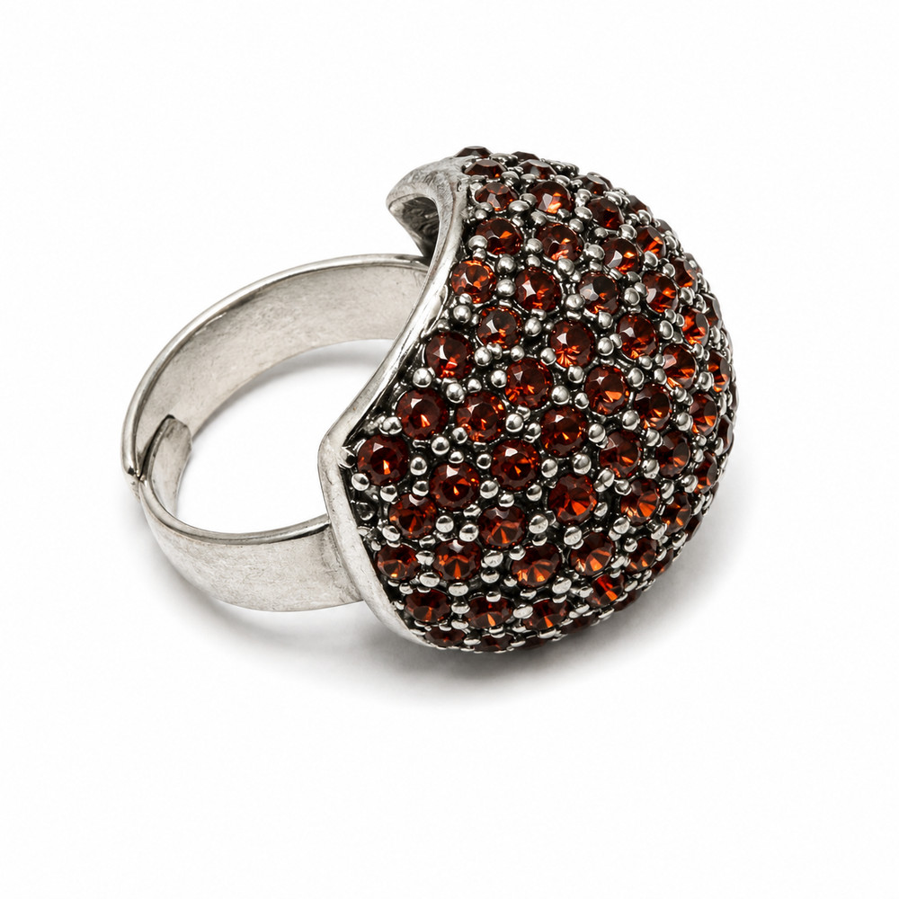 Vintage Dome Cocktail Ring Amber Glitter Rhinestone Pave Adjustable