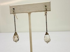 Vintage Earrings Drop Dangle Silver Tone faceted Crystal Briolette Stones Long