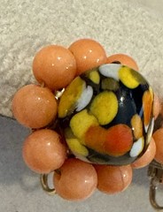 Vintage Murano Style Hand Painted Art Wire Beaded Earrings Colorful Button Coral