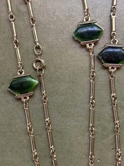 Vintage Chain link necklace with faux jade green stone accents, 35 inch length