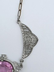 Antique Art Deco Lavalier Pendant Necklace Pink Glass Filigree Edwardian
