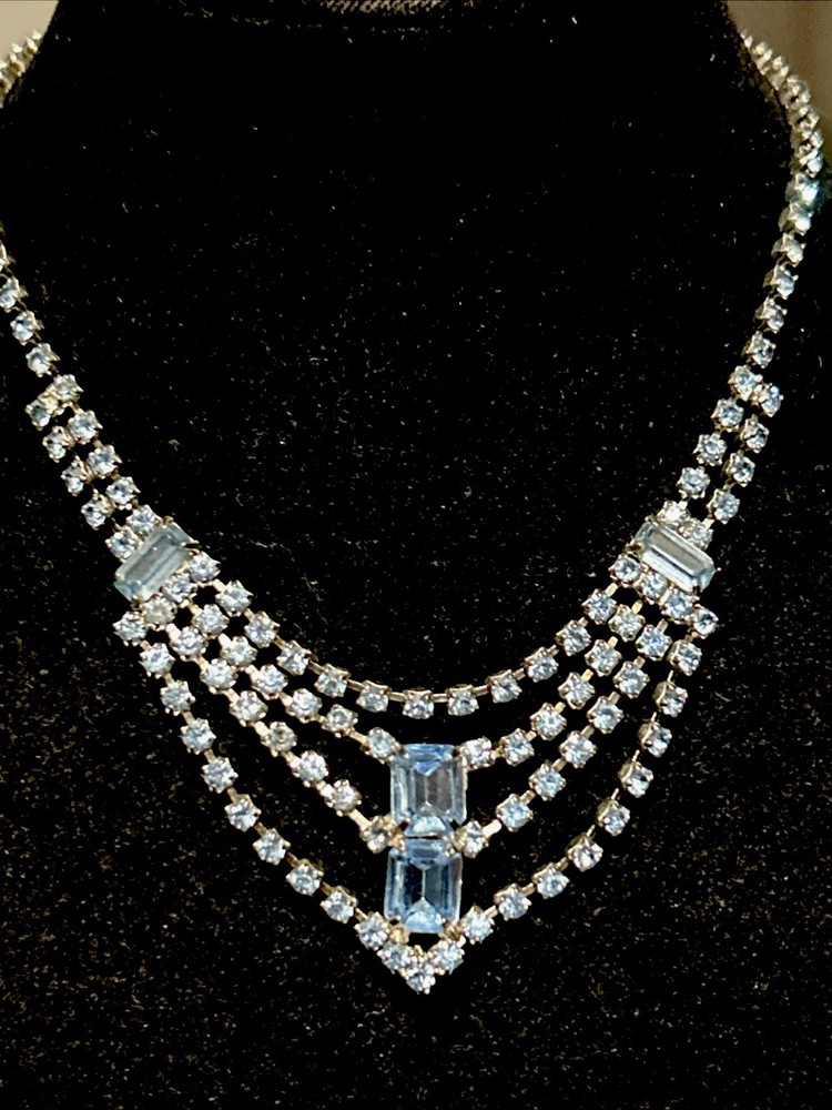 Vintage Silver Plate Blue Rhinestone Baguette Emerald Cut Collar Necklace 15”
