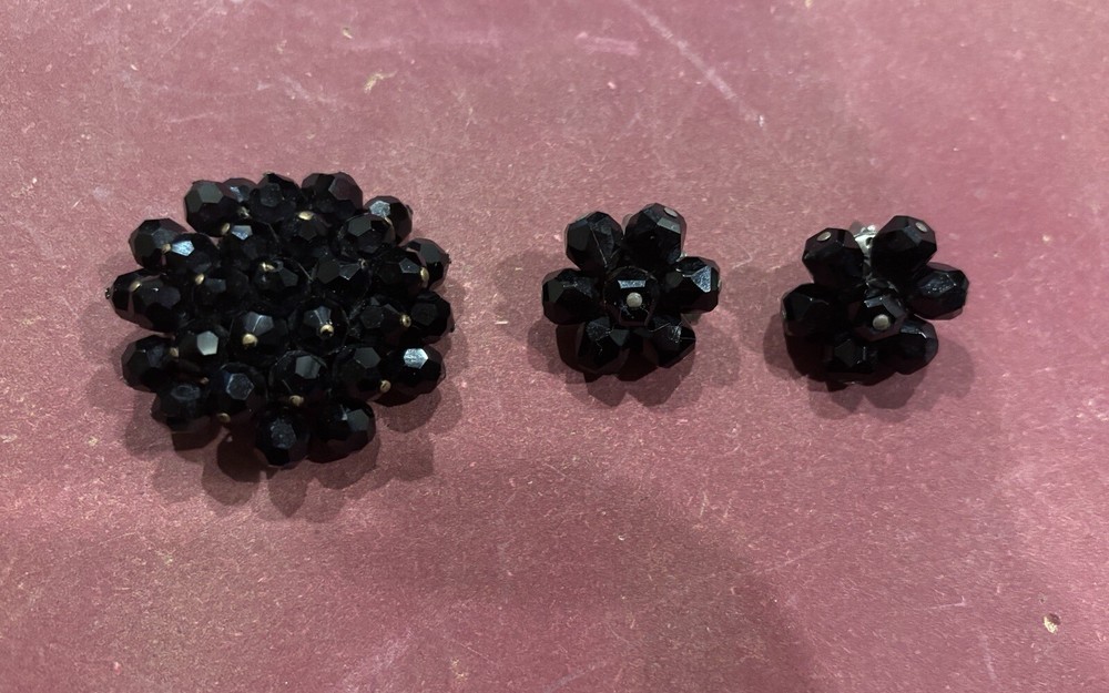 Vintage Black Faceted Glass Flower Pin Brooch With Matching Earrings