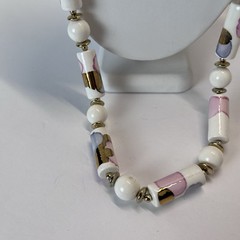 Vintage Ceramic Barrel & Round Beads Necklace – 30” – White Pink Blue – 1980s