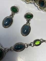 Vintage Silvertone Faux Jade Lariat Necklace + Bracelet + Earrings Set