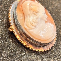 CAMEO brooch antique pink white trombone clasp brass frame heavy verdigris