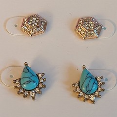 NWT M Haskell Earring Set 2 Pairs Pave Crystal Hexagon & Faux Turquoise Sunburst