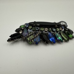Vintage Rhinestone Brooch Blue Green Black Navette Cabochon Layered Statement