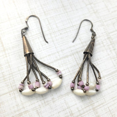 Liquid Silver Mother of Pearl Lavender Pink and White Rice Bead Dangle Earrings