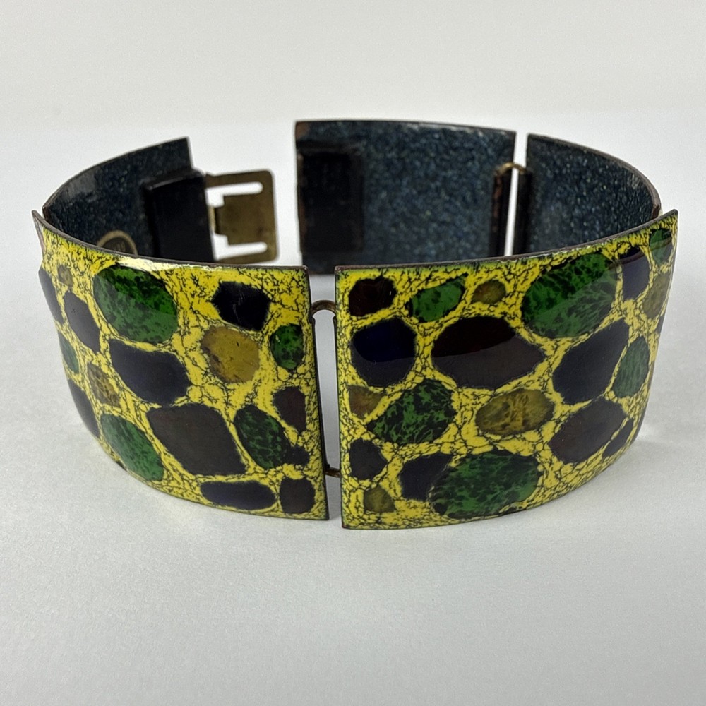 1950s 1970s MCM Enamel Copper Bracelet West Germany Mosaic Pattern Green Yellow