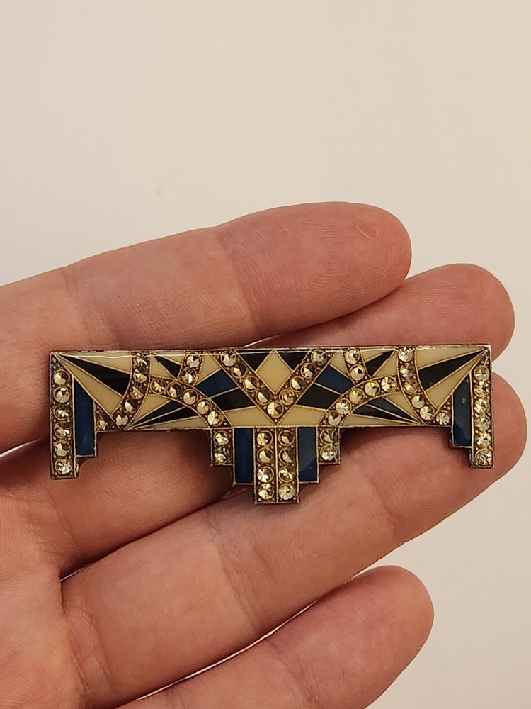 VTG STUNNING Art Deco Pierre Bex Style Enamel and Rhinestone Black Gold White