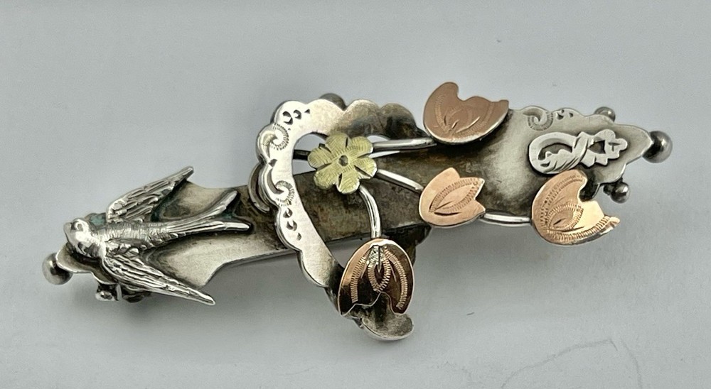 Antique Edwardian Bird Rose Gold Plate Flowers Silver Brooch Hallmarked 1903