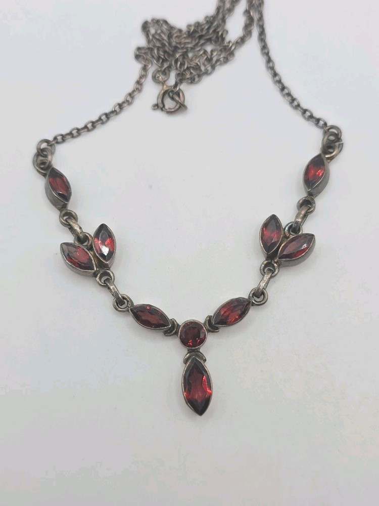 Vintage Sterling Silver 925 Garnet Collar Necklace 16″ 9.5g