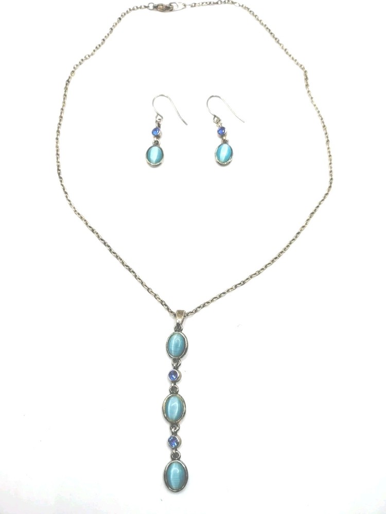 Silver Tone Necklace pierced Earrings blue Iridescent Stones Fashion Jewelry
