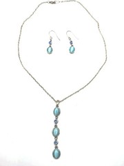 Silver Tone Necklace pierced Earrings blue Iridescent Stones Fashion Jewelry