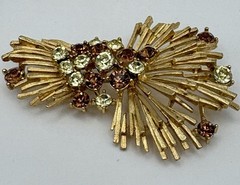 Vintage Signed Lisner Gold Tone Spray Brooch Brown Yellow Rhinestone Mid Century
