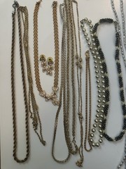 Vintage Costume Jewelry Lot 12 Pairs Earrings & 17 Necklaces Gold & Silver Tone