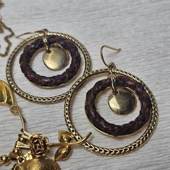 Monet Gold Charm Holder on Chain Braided Leather Hoop Earrings Rhinestone Brooch