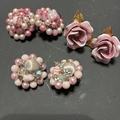 3 Pairs Pink Beaded Japan (2) And Pink Roses Excellent Glass Acrylic Metal