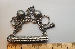 3 Brooches: Tribal Peacock Feather Clay Mask, RITZ Pewter Face, Bar W/ Charms